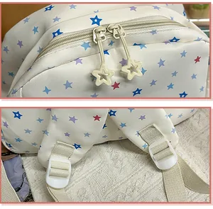 Close-up detail of star zipper pulls and adjustable shoulder straps of the backpack