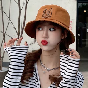 Cute brown bucket hat with rabbit ears design for women, casual autumn sun hat style