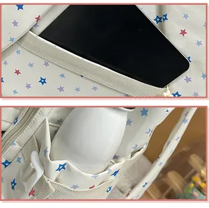 Detail view of star pattern schoolbag showing tablet compartment and side bottle pocket