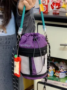 Fashionable purple mesh bucket bag with adjustable rope strap for women