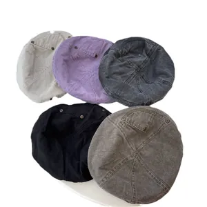 Vintage washed denim berets in multiple colors for women retro painter hat style