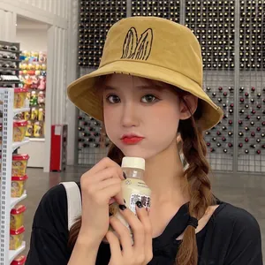 Cute yellow bucket hat with rabbit ears embroidery for women casual sun protection accessory