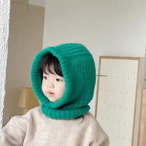 Green knitted ribbed baby balaclava hood hat with integrated neck warmer for toddlers