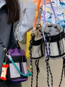 Trendy multicolor mesh bucket bag for women with adjustable rope straps and zippers