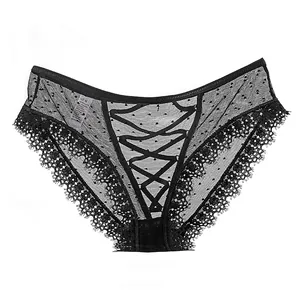 Bragas elegantes de encaje negro con malla de lunares y tiras cruzadas para mujer
