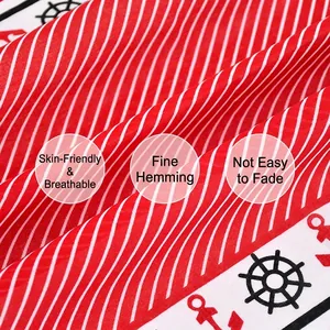 High-quality red and white striped cotton bandana featuring nautical anchor and ship wheel patterns