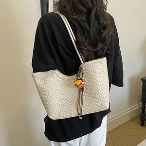 Bolso tote de tejido blanco roto para mujer, bolso de hombro de gran capacidad casual