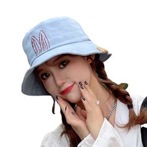 Cute rabbit ear embroidered light blue bucket hat for women in Japanese style