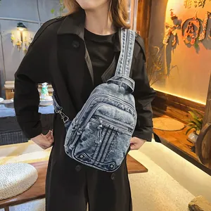 Stylish large capacity washed blue denim sling bag for women, commuter chest pack view