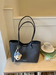 Stylish minimalist large capacity charcoal gray tote bag for women with cute bear charm