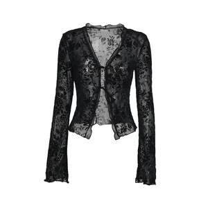 Elegant black floral sheer chiffon blouse with tie-front and flared bell sleeves