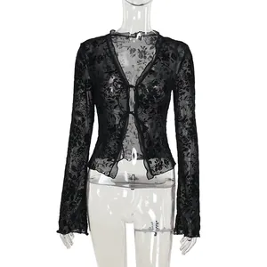 Black sheer lace top with floral pattern, tie-front and flare sleeves for women.