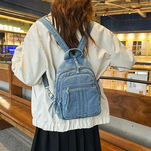 Back view of a stylish blue denim backpack for women, perfect for daily commuting