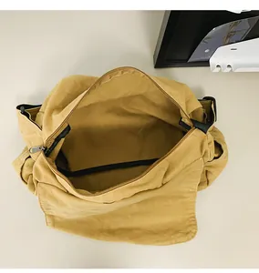 Detailed interior view of a minimalist large capacity khaki canvas messenger bag for daily use