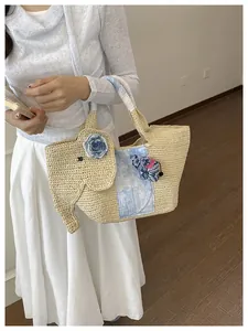 Sac cabas en paille tissé à la main motif éléphant mignon pour vacances à la plage
