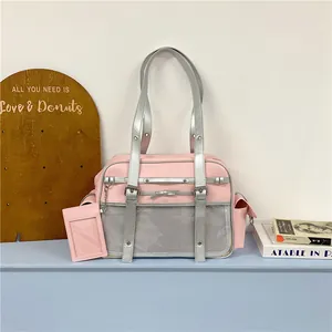 Detailed view of a cute pink and silver Japanese style tote bag with mesh pocket and card holder