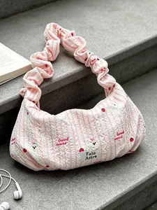 Women Large Capacity Hobo Bag Nylon Seersucker Ruffled Shoulder Strap Crossbody Dumpling Bag Fashion Printed Commute Handbag