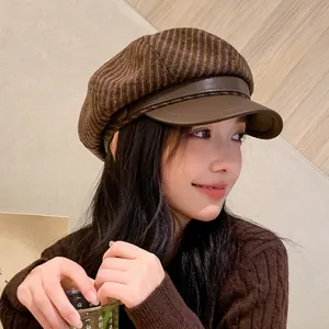 Vintage British Newsboy Cap Women Plaid Octagonal Hat Acrylic PU Leather Brim Baker Boy Cap Retro Painter Hat Fashion