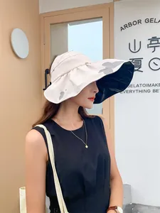 Close-up side view of a stylish woman wearing a wide-brim sun hat with black vinyl lining