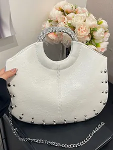Women PU Leather Rivet Shoulder Bag Fashion Metal Handle Crossbody Bag Trendy Solid Color Handbag For Daily Travel Gift