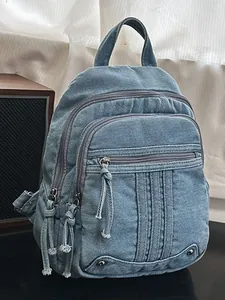 Women's Fashion Washed Denim Backpack Large Capacity Retro Commuter Shoulder Bag With Multi-Pocket Rivets Stitching Casual Daypack