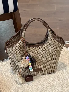 Grand Sac Cabas en Paille Vintage Français pour Femmes Sac Seau de Plage d'Été Tissé à la Main Sac Bandoulière Décontracté Avec Pendentif