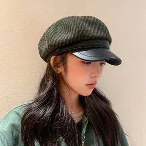 Vintage striped newsboy hat for women with black leather brim for autumn winter
