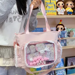Close-up detail of a pink large capacity Ita bag with decorative lace clear window