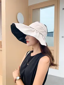 Detailed side view of beige empty top sun hat with large brim and black vinyl coating