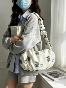Large capacity shoulder bag with bear print and ruffled strap for commuting