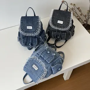 Zaini in denim stile college vintage con delicato bordo in pizzo in tre colori