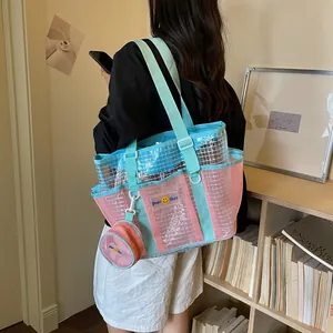 Large capacity mesh tote bag with blue and pink color block design for lady commuting