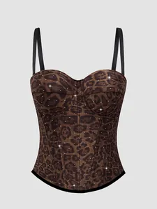 Elegante top a corsetto leopardato con struttura a stecche e dettagli in strass brillanti.