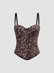 Corsetto Sexy da Donna con Stampa Leopardata e Strass Bustier a Stecche con Spalline Sottili Clubwear