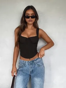 Women Sexy Scalloped Edge Lace-up Corset Camisole Top 2025 Spring Solid Color Slim Fit Crop Top Streetwear Sexy Sleeveless Waist Exposure Top