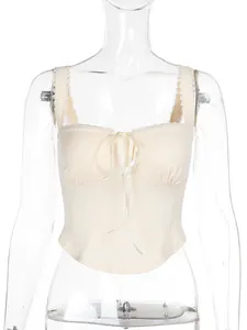 Elegant beige slim fit cropped camisole with bow tie front and wavy lace trim detail
