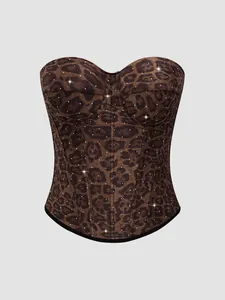 Top corsetto bustier con stampa leopardata, stecche e dettagli in strass lucidi