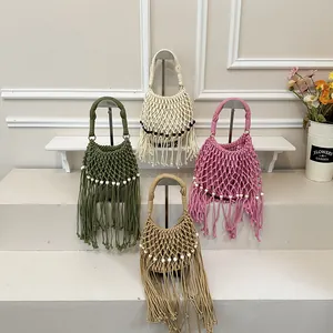 Stylish bohemian macrame woven bucket handbags with tassels in varied summer colors