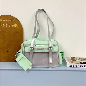 Mint green Japanese style JK tote bag with mesh pocket and ID card holder