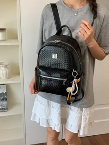 Zaino vintage nero intrecciato di grande capacità per la scuola e il pendolarismo