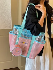 Large capacity mesh tote bag for women in stylish pink and blue with smiley face