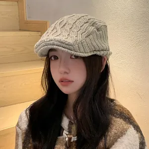 Elegant retro knit wool cabbie hat for women in warm khaki with stylish cable knit pattern