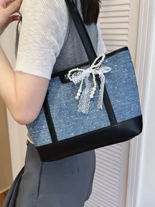 Grand sac fourre-tout en denim pour femme avec décoration élégante en perles et dentelle