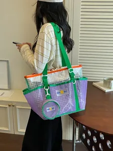 Large capacity mesh tote bag with purple and green contrast design for women