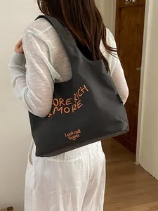 Bolso tote gris oscuro de gran capacidad para mujer con bordado de texto moderno