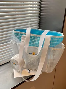 Large capacity white mesh tote bag with blue lining and matching circular pouch