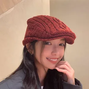 Stylish burnt orange knitted wool newsboy cap for women retro winter beret hat accessory