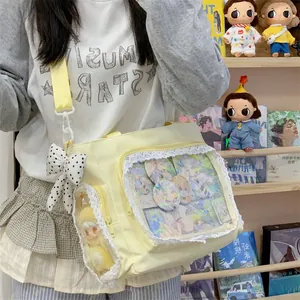 Detail view of yellow ita-bag with lace trim and transparent display windows