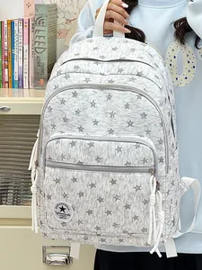 Stylish grey heather backpack for girls featuring an all-over grey star pattern print