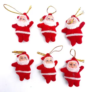 Set of six red flocked Santa Claus hanging ornaments for festive Christmas tree decoration